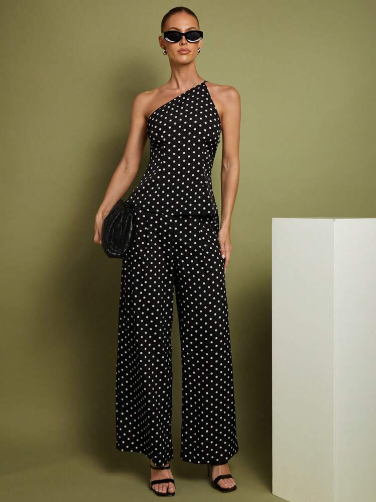 COSMINA Set de 2 piezas de Top con hombros y pantalones a lunares para mujer, uso casual minimalista de todos los d\u00edas | SHEIN | SHEIN