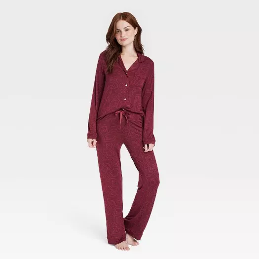 Women's Beautifully Soft Long Sleeve Notch Collar Top and Pants Pajama Set 