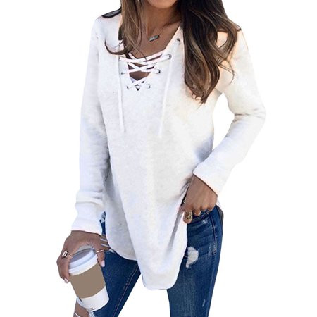 Nlife Women Long Sleeve Lace Up V Neck Long Sleeve Top | Walmart (US)
