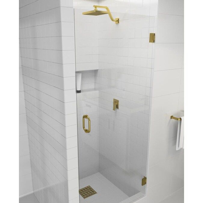 Glass Warehouse 25-7/8-in to 26-1/4-in W x 78-in H Frameless Hinged Satin Brass Soft Close Standa... | Lowe's