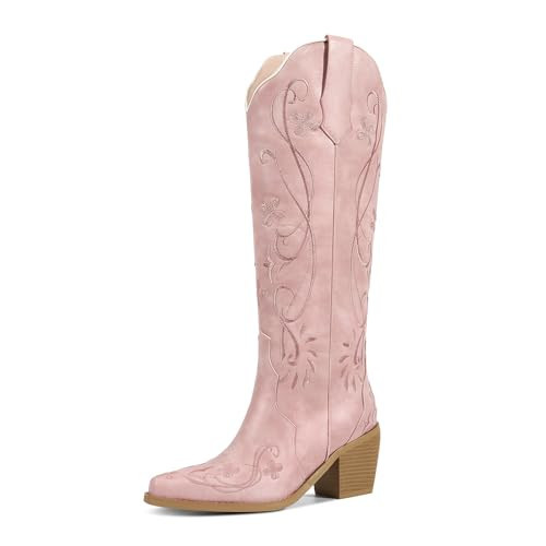 wetkiss Pink Knee High Cowboy Boots for Women Western Cowgirl Boot Womens Tall Boot Thigh High Country with Pink Floral Embroidered Pointed Toe Chunky Heel | Amazon (US)