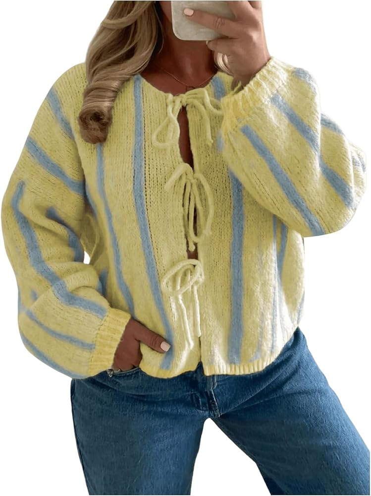 MakeMeChic Women's Vertical Stripe Tie Front Cardigan Long Sleeve Crew Neck Sweater Top | Amazon (US)