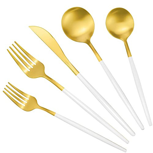 White And Gold Silverware Set for 8, 40-Pieces Matte Gold And White Handle Flatware Set, Stainless Steel Cutlery Tableware set, Kitchen utensils set Include Spoons And Forks Set, Dishwasher Safe | Amazon (US)