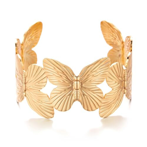 MSSIEJEW 3PCS Chunky Gold Bangle Bracelets Trendy Wide Chunky Cuff Bangles Bracelets Gold Stackable Bracelets Jewelry for Women (Butterfly) | Amazon (US)