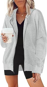 Womens Fashion Zip Up Hoodies Oversized Waffle Knit Jacket Shirts Long Sleeve Solid Shacket Blous... | Amazon (US)