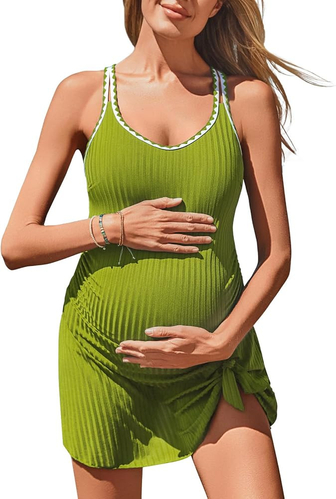 Summer Mae Ribbed Maternity One Piece Swim Dress Pregnancy Swimsuit with Built-in Bottom Swimwear... | Amazon (US)