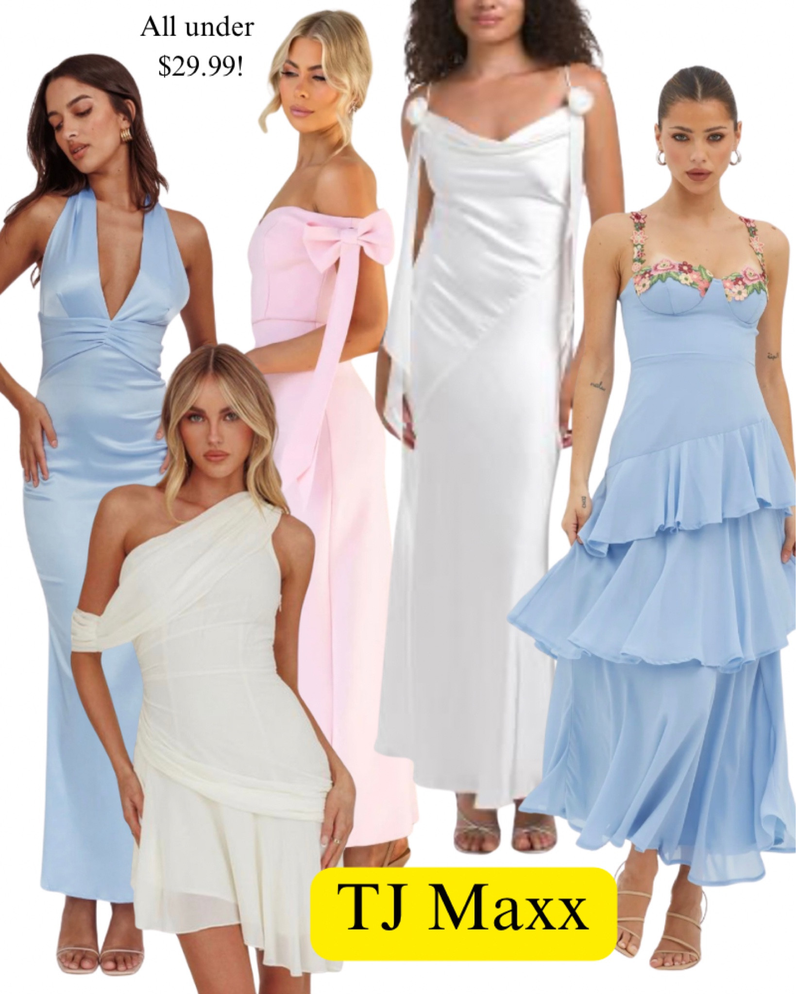 All these dresses are under $29.99! TJ Maxx sale, wedding guest, pink bow maxi, halter, blue, white, silk, special occasion, spring, summer.

#LTKSaleAlert #LTKWedding #LTKMothersDay