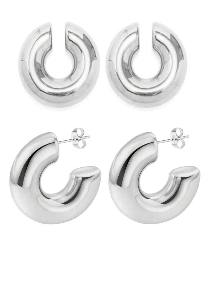 2pairs Fashionable Personality C-shaped Polished Stainless Steel Chunky Hoop Clip-on Earrings For... | SHEIN