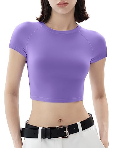 PUMIEY Crop Tops for Women Short Sleeve Crew Neck T Shirt Sexy Baby Tees Lavender X-Small | Amazon (US)