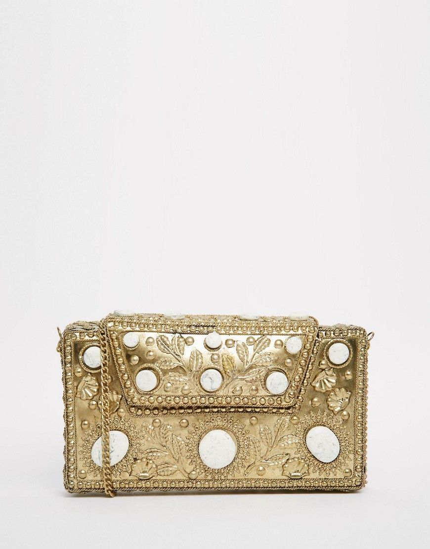From St Xavier Gold Clutch Bag with White Stones - Gold | Asos EE