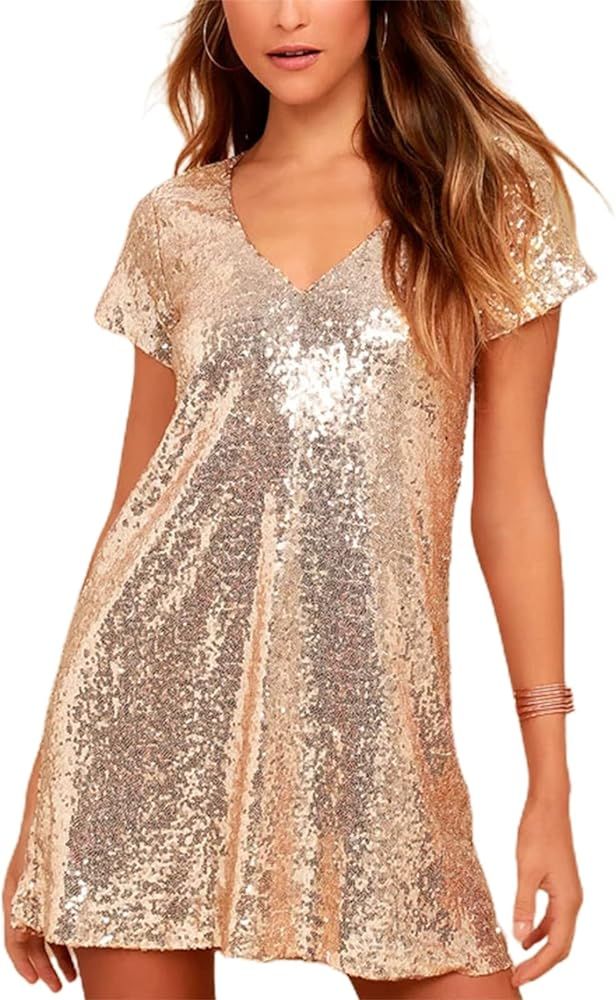 Biayxms Sequin Tshirt Dress Sparkly Half Sleeve Crew Neck Loose Mini Dress Glitter Dress for Part... | Amazon (US)