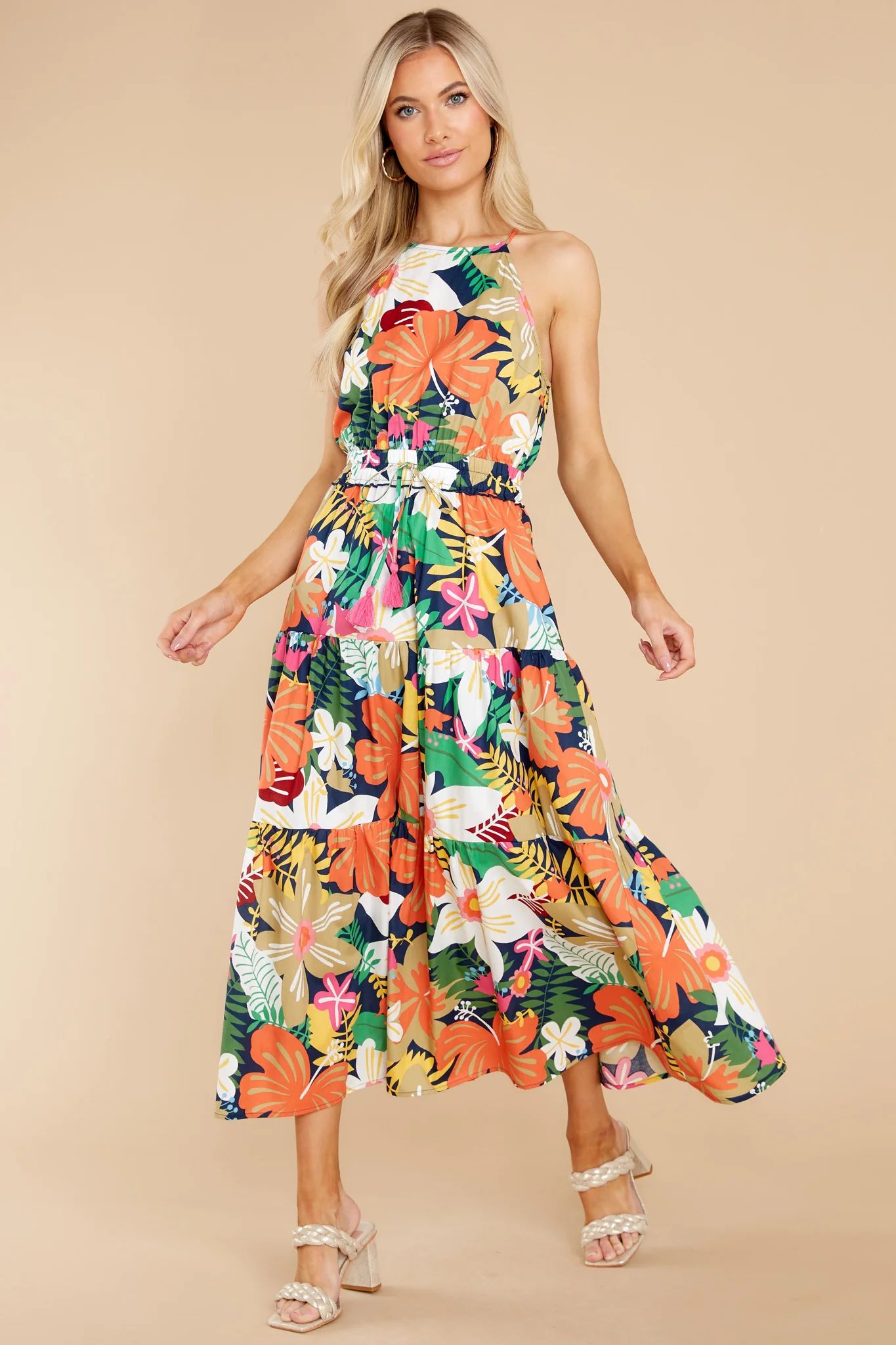 Tropical Escape Orange Multi Floral Print Maxi Dress | Red Dress 