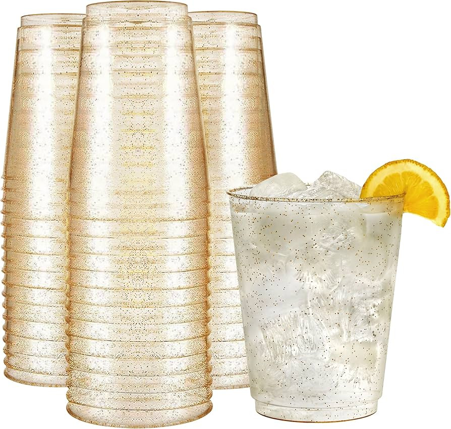 R-kay 10 oz Gold Glitter Plastic Cups For Party - Pack Gold Plastic Cups - Hard Disposable Cups -... | Amazon (US)