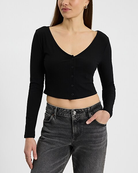 Ribbed V-neck Cropped Cardigan | Express