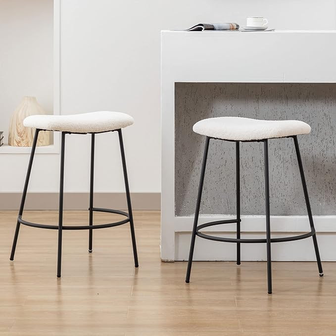 DM Furniture Bar Stools Set of 2 Counter Height 25.5 Inches Saddle Stools Modern Sherpa Fabric Ba... | Amazon (US)