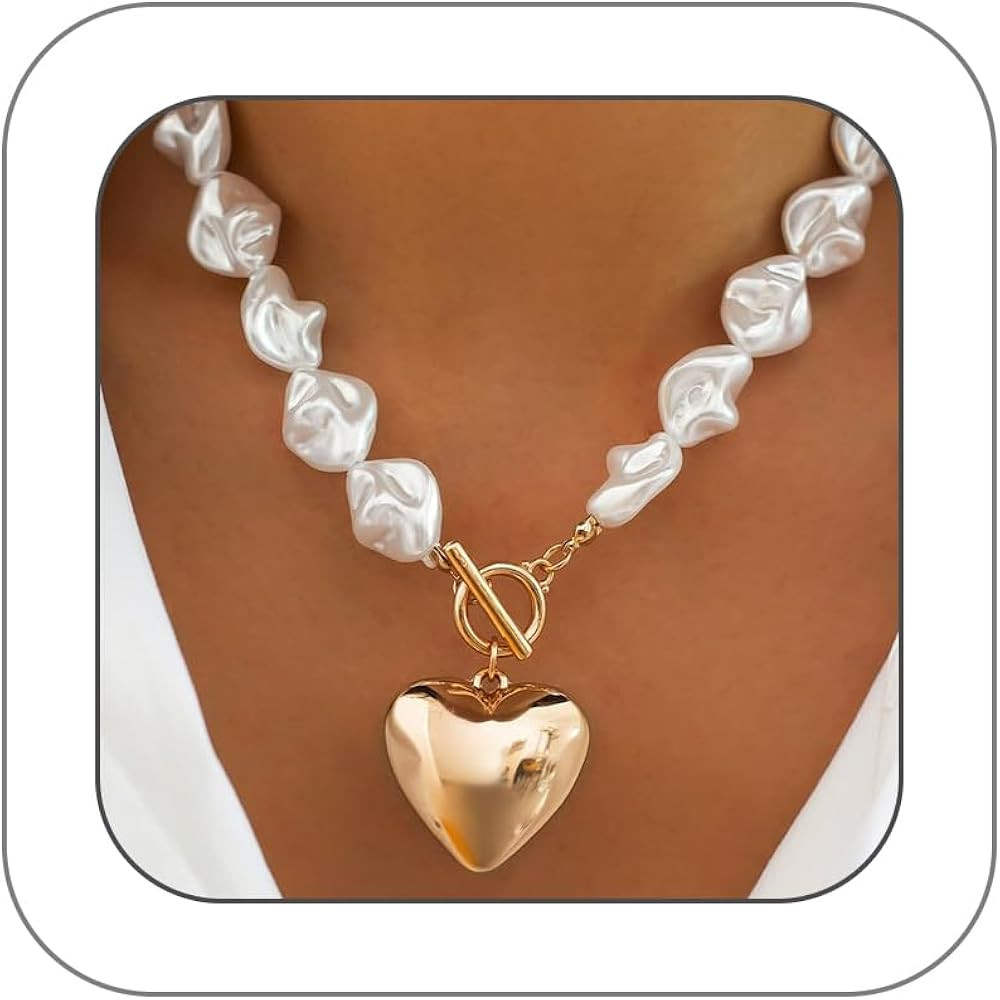 Chunky Gold Big Pearls Heart Pendant Necklaces for Women Baroque Pearl Statement Choker Necklace ... | Amazon (US)