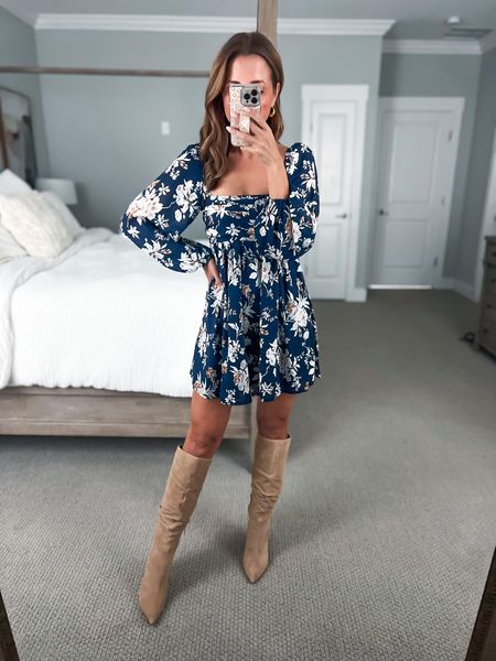 Fall dress. Fall outfit (XXSP). Floral dress. Family photo dress. Baby shower dress. Fall wedding guest. Knee high boots on sale (color taupe suede, I went up half a size so I could wear socks). Bedroom. Pottery barn canopy bed. 

#LTKwedding #LTKtravel #LTKshoecrush