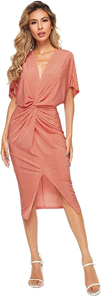 Floerns Women's Short Sleeve V Neck Twist Front Split Midi Dress | Amazon (US)