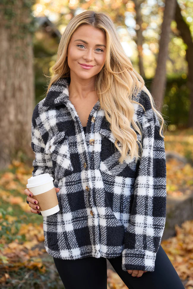 Didi Black and White Plaid Sherpa Button Up Shacket | Pink Lily