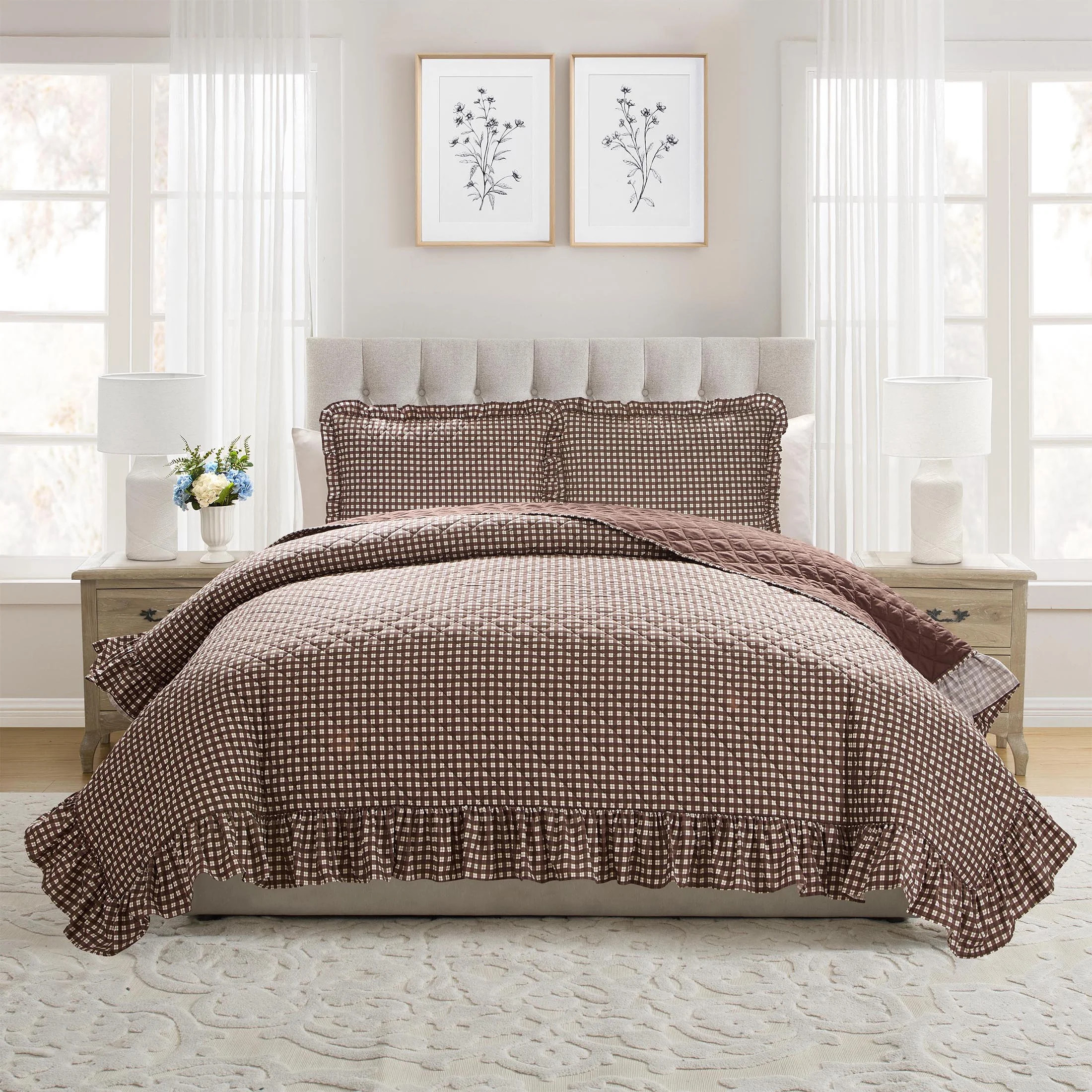 My Texas House Gingham Ruffle 2-Piece Brown Adult Quilt Set, Twin/Twin XL | Walmart (US)
