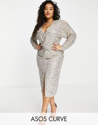 ASOS DESIGN Curve midi dress with batwing sleeve and wrap waist in scatter sequin | ASOS (Global)