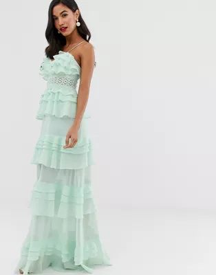 True Decadence premium frill layered cami maxi dress with lace insert in soft mint | ASOS | ASOS (Global)