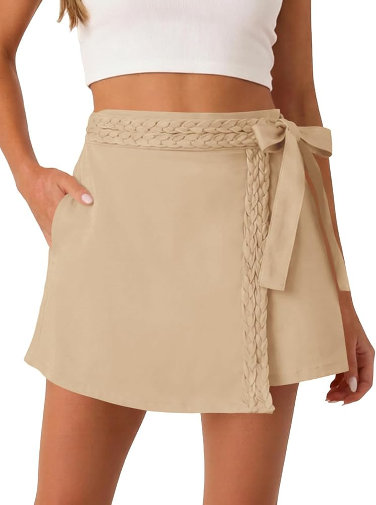Tankaneo Womens Wrap Mini Skirt Skort Summer Casual Braided High Waisted Bow Tie Skirt Shorts wit... | Amazon (US)
