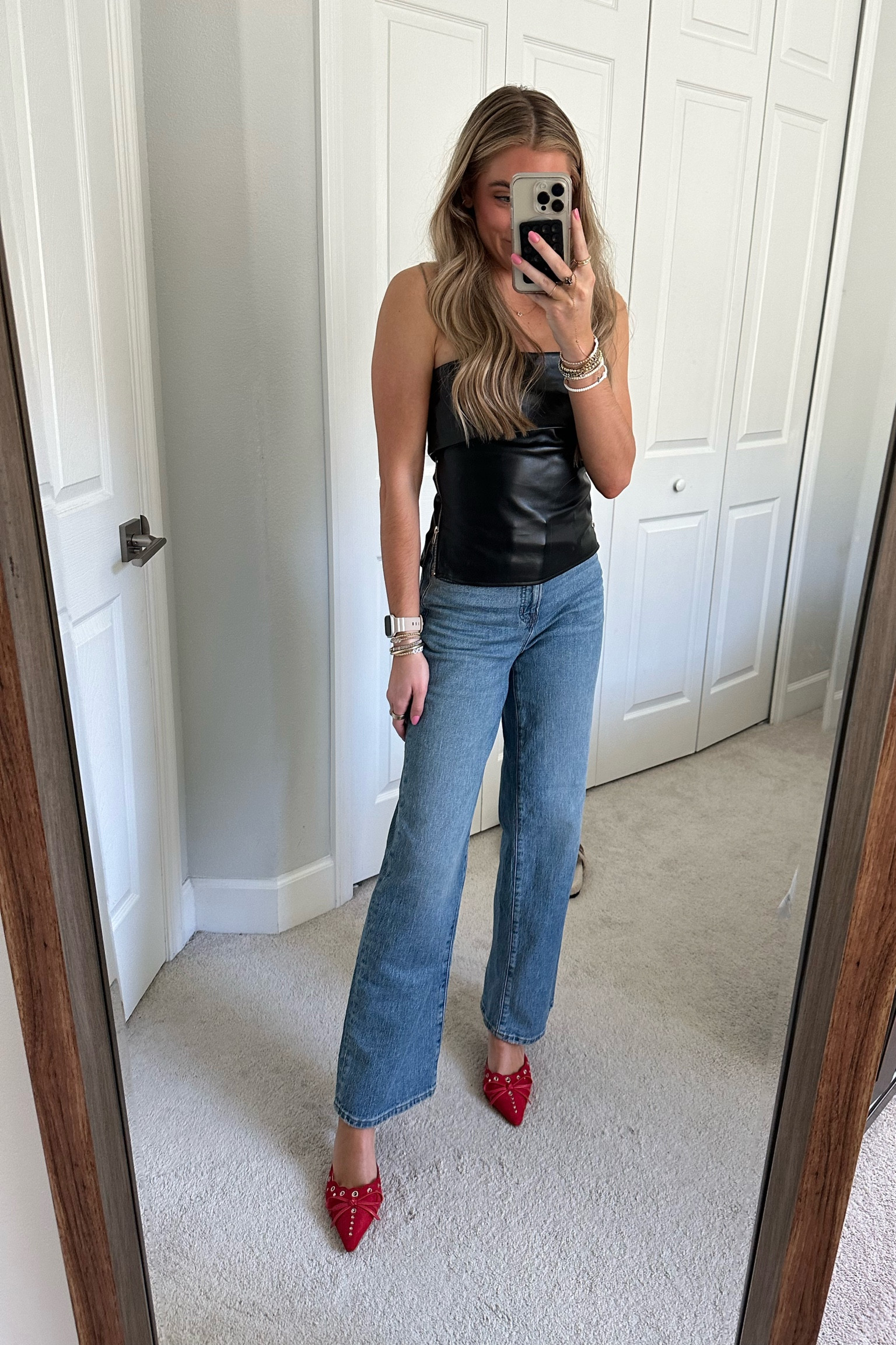 Forever 21 strapless faux leather top. Madewell high rise wide leg denim jeans. Red kitten heels. Amazon fashion. Amazon shoes. Amazon heels.  #outfit #fashion #style #ootd #ootn #outfitoftheday #fashionstyle  #outfitinspiration #outfitinspo #tryon #tryonhaul#lookbook #outfitideas #currentlywearing #styleinspo #outfitinspiration outfit, outfit of the day, outfit inspo, outfit ideas, styling, try on, fashion, affordable fashion. 

#LTKstyletip #LTKshoecrush #LTKfindsunder100