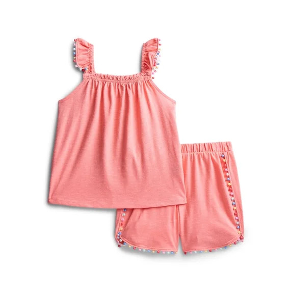 Wonder Nation Girls Pom Pom Top and Shorts Outfit Set, 2-Piece, Sizes 4-10 | Walmart (US)