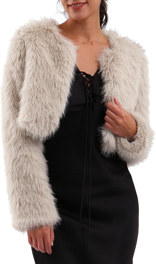 Amazhiyu Women's Faux Fur Cropped Coat Long Sleeve Open Front Winter Jacket | Amazon (US)