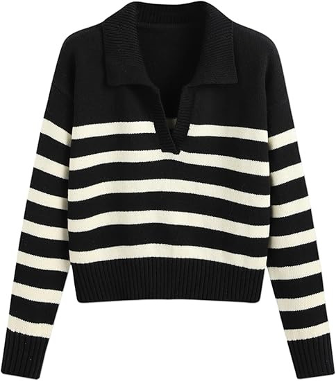 CIDER Women’s Polo Sweater Striped Collared Lightweight Long Sleeve V Neck Pullover Fall Sweate... | Amazon (US)