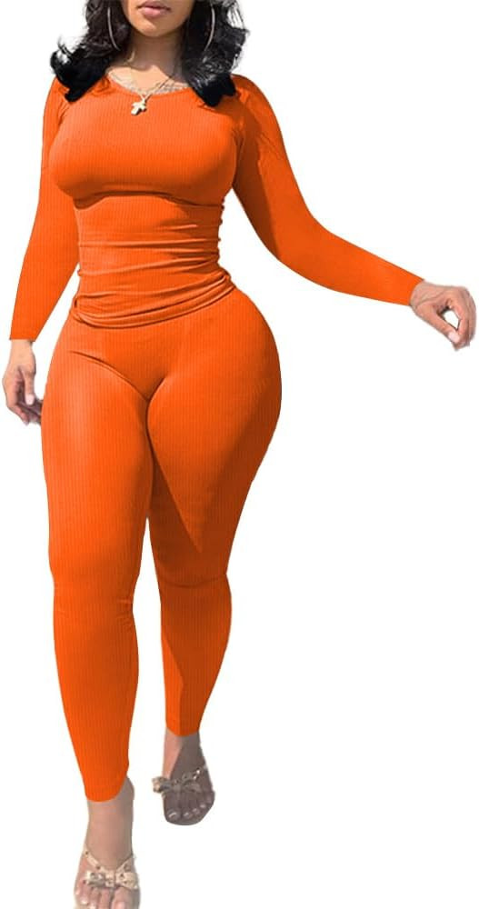 HTD Two Piece Outfits for Women Casual Long Sleeve Bodycon Jogging Suits | Amazon (US)