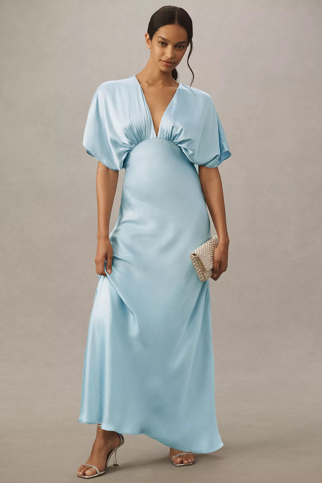 BHLDN Amelia Deep-V Flutter-Sleeve Satin A-Line Gown | Anthropologie (US)