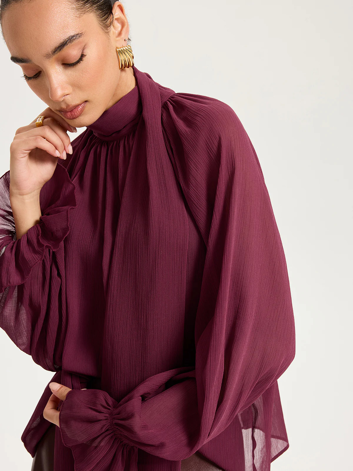 Scarf Neck Semi-Sheer Chiffon Blouse | Commense