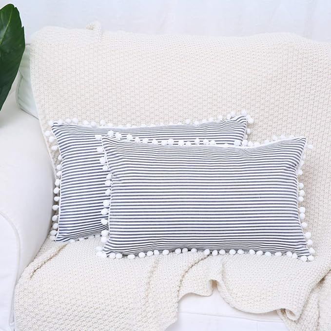 Kiuree Farmhouse Lumbar Pillow Covers with Pom Poms Set of 2 Black and White Outdoor Striped De... | Amazon (US)