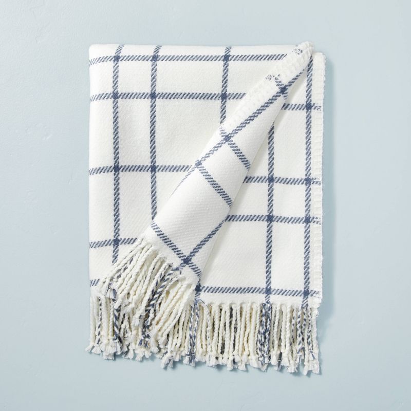 Grid Lines Woven Throw Blanket Cream/Blue - Hearth &#38; Hand&#8482; with Magnolia | Target