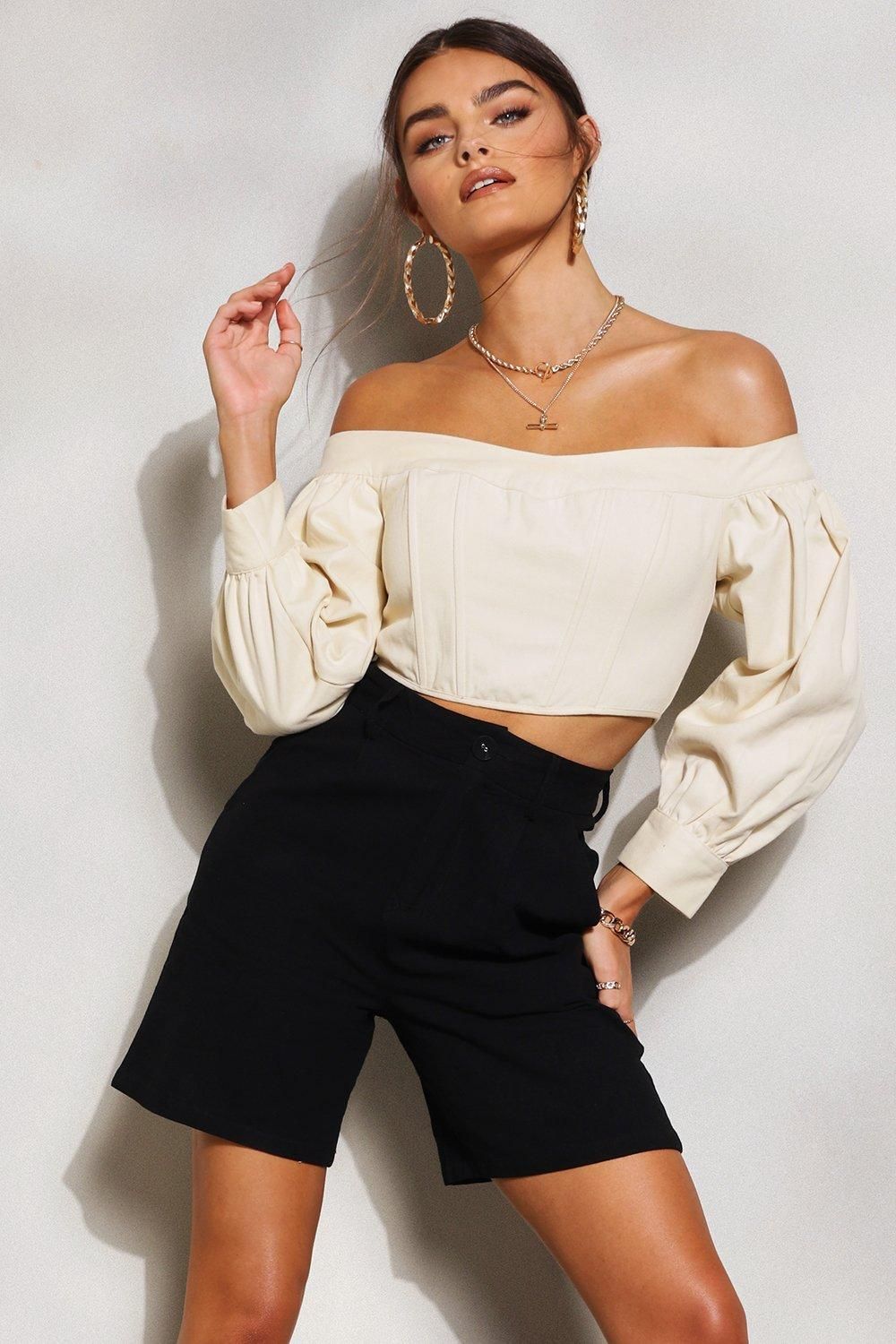 Womens Denim Off Shoulder Puff Sleeve Crop Top - Cream - 10 | Boohoo.com (US & CA)