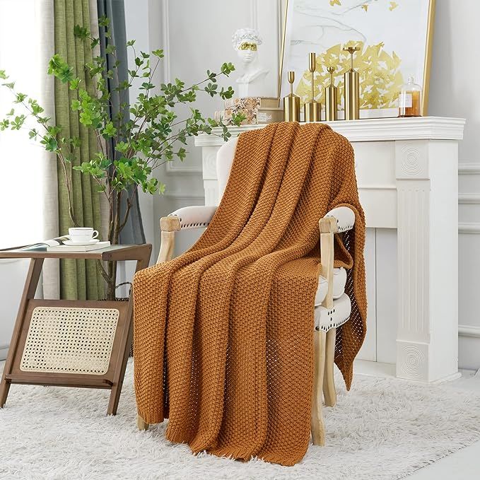 Chunky Cable Knit Throw Blanket Lightweight Burnt Orange 100% Organic Cotton Blanket for Sofa Cou... | Amazon (US)
