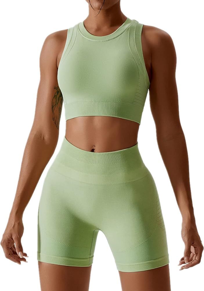 ABOCIW Workout Sets for Women 2 Piece Seamless Ribbed Tank Top Sport Bra High Waist Biker Shorts ... | Amazon (US)
