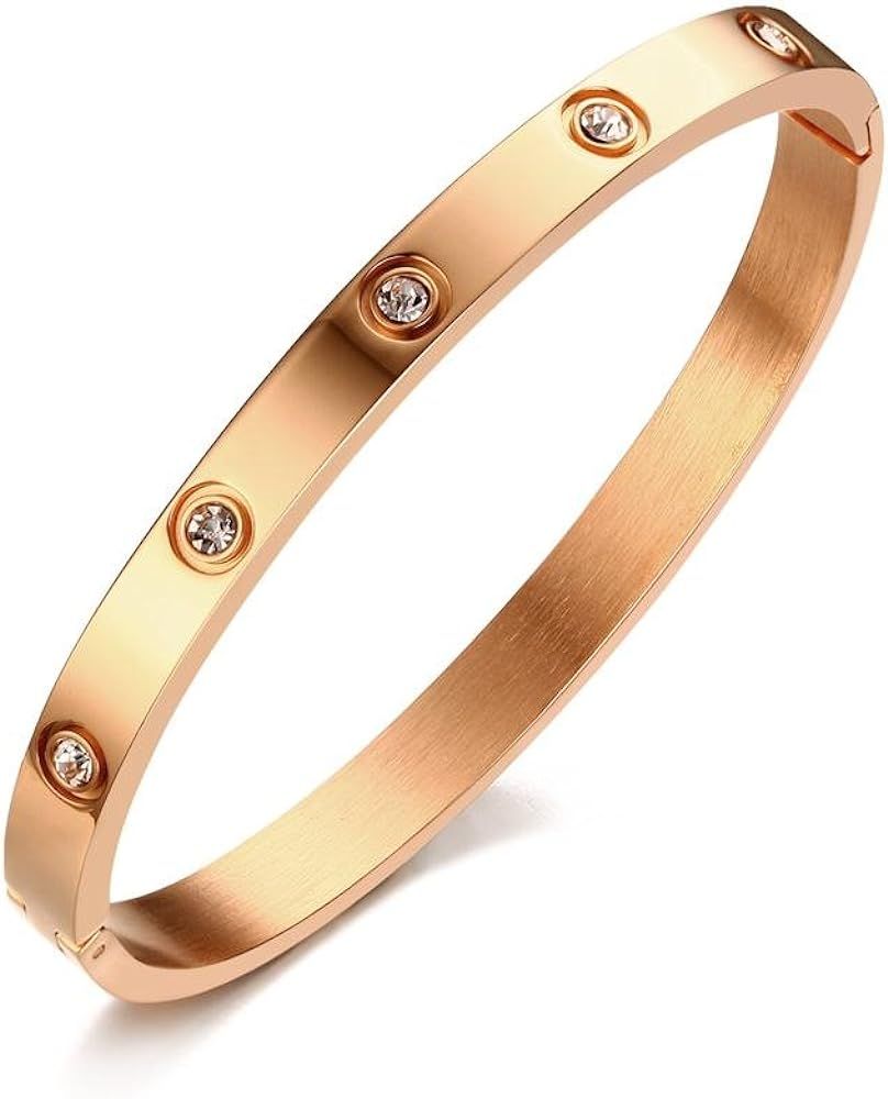 Gold/Rose/White Gold Plated Friendship Bracelet Personality Stackable Stainless Steel Bangle with... | Amazon (US)