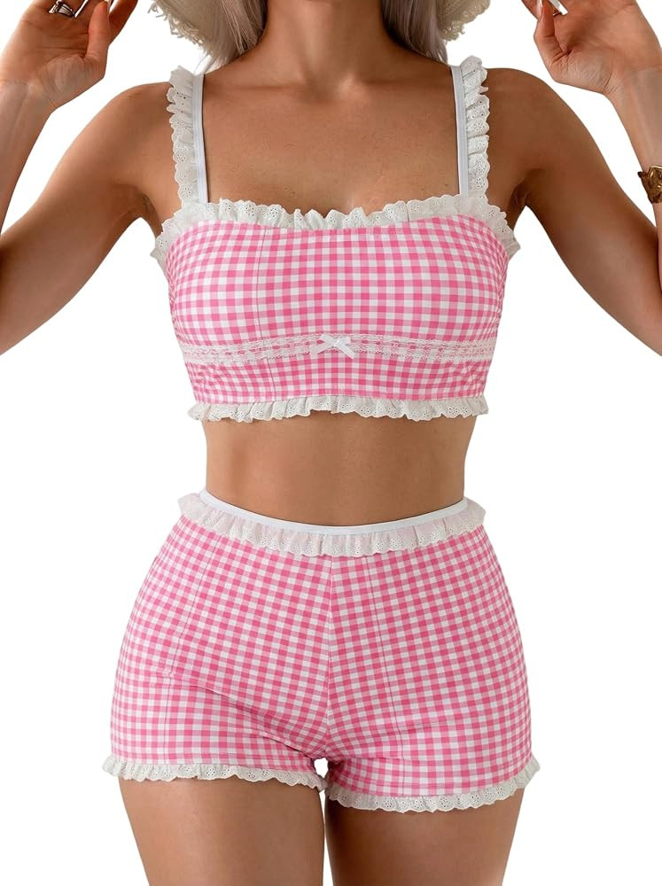 ZAFUL Womens High Waisted Bikini Sets 2 Piece Plaid Ruffle Swimsuits Back Strap Top with High Wai... | Amazon (US)