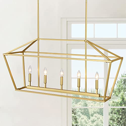 Untrammelife 5-Light Kitchen Island Pendant Lighting Gold Lantern Pendant Linear Chandelier Moder... | Amazon (US)