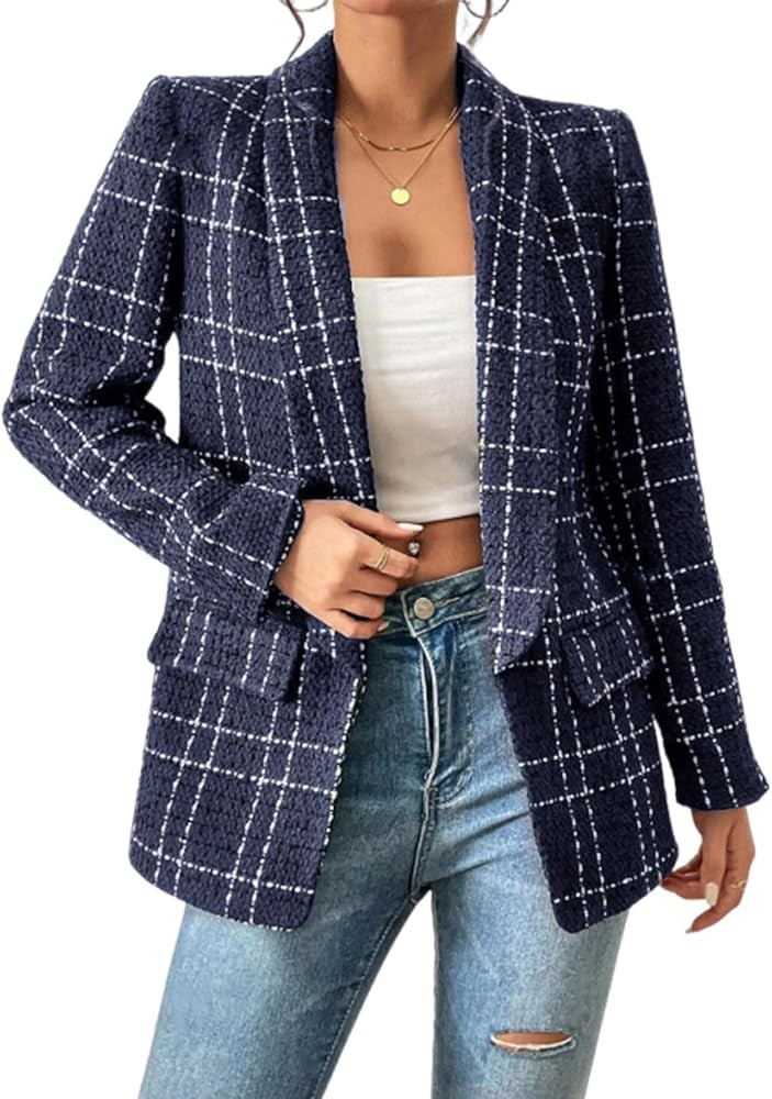 utcoco Women's 2025 Fashion Plaid Tweed Blazers Long Sleeve Open Front Blazer Business Casual Wor... | Amazon (US)