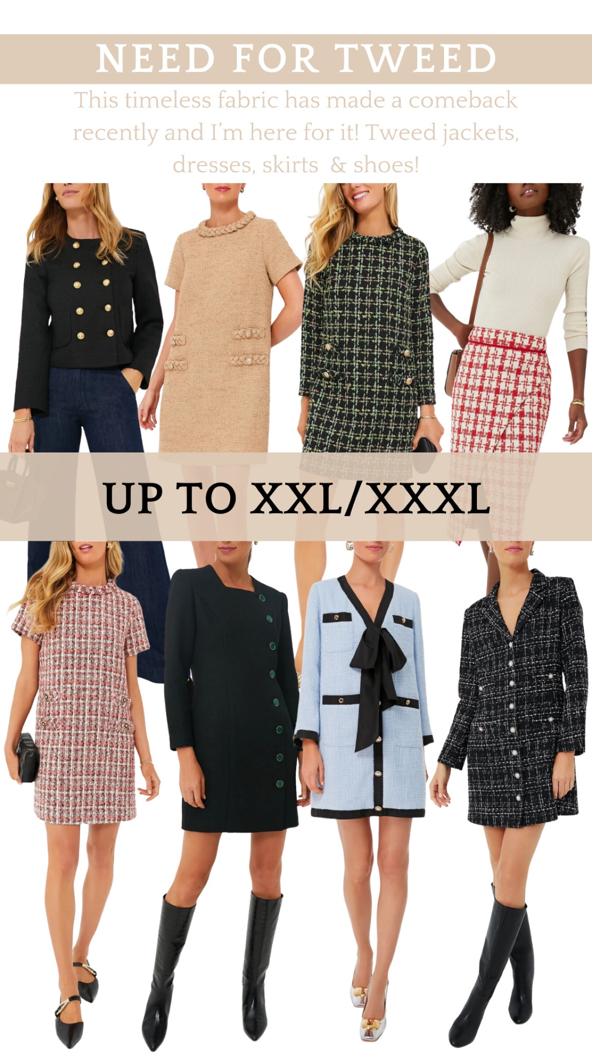 Tweed dresses, skirts, and jackets from Tuckernuck. All pieces available in plus sizes up to XXL or XXXL. Love this classic and timeless fabric! Perfect for fall and winter events and date nights. 

Extended sizes, mom style, fall ootd, fall fashion #tweed #tuckernuck #fallfashion, #dresses  #plussize 

#LTKplussize #LTKSeasonal #LTKstyletip