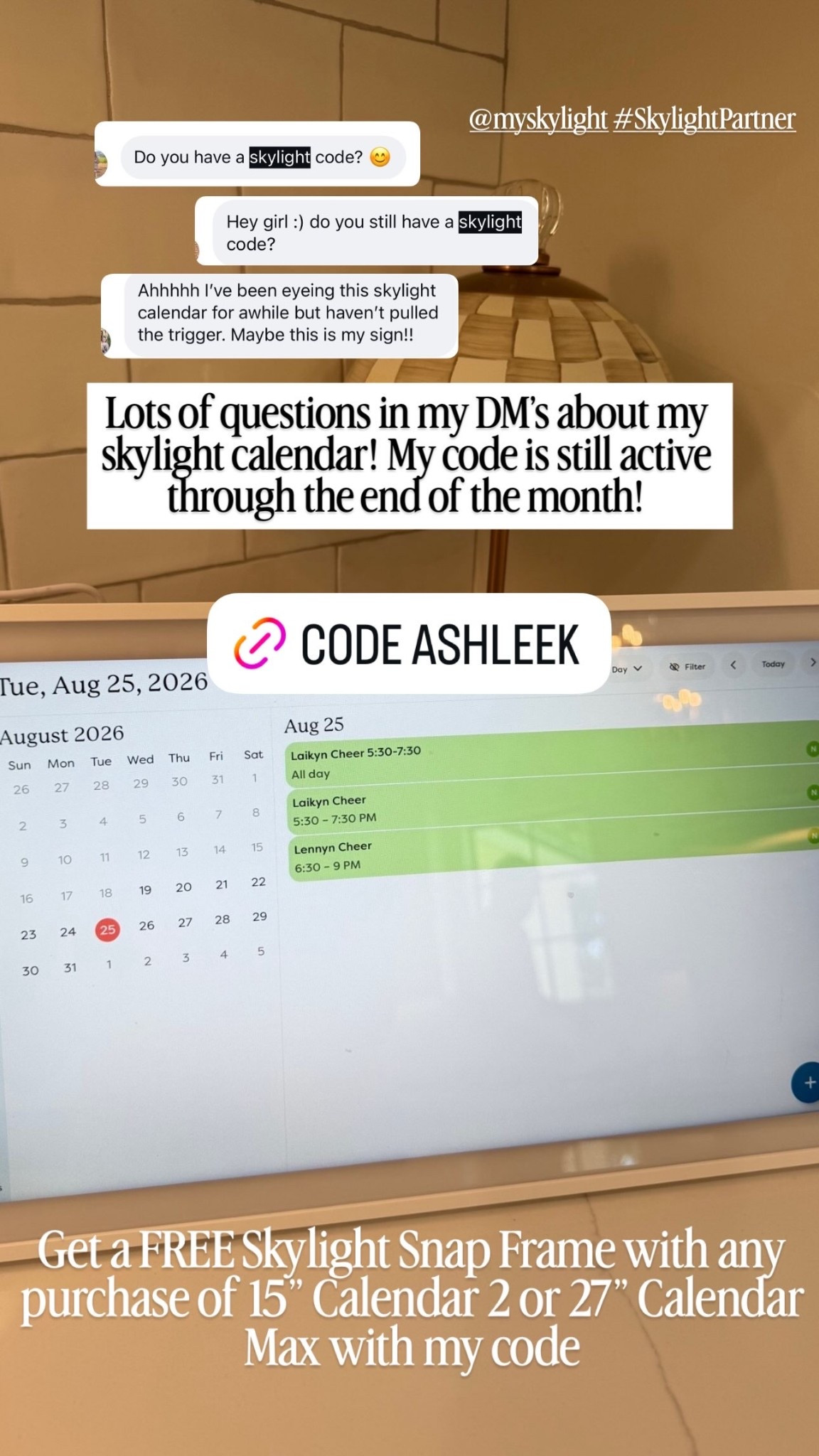 Lots of questions in my DM’s about my skylight calendar! My code is still active through the end of the month!  @myskylight #SkylightPartner Get a FREE Skylight Snap Frame with any purchase of 15” Calendar 2 or 27” Calendar Max with my code