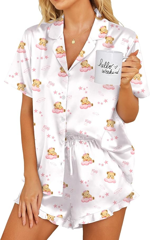 Ekouaer Womens Satin Pajamas Set Button Down 2 Piece Silk Pjs Shorts Set Ruffle Lingerie Notch Co... | Amazon (US)