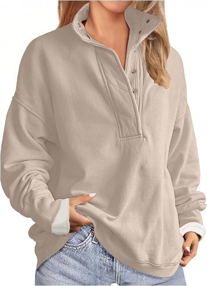Soesdemo Oversized Sweatshirts for Women No Hood Mock Neck Fleece Lined Waffle Long Sleeve Button... | Amazon (US)