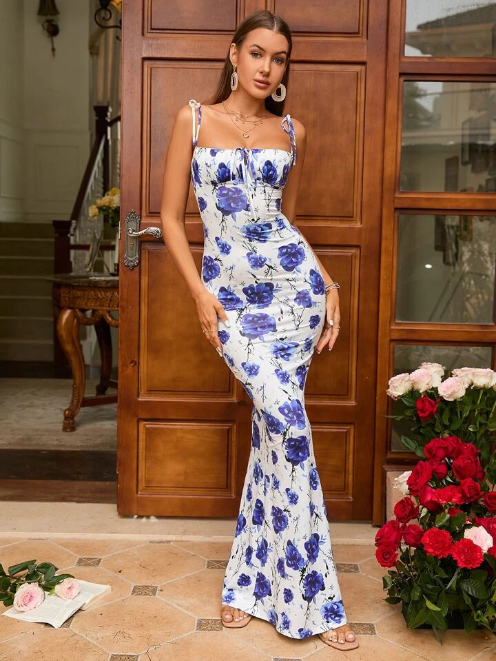 PARTHEA Floral Print Tie Shoulder Mermaid Hem Maxi Cami Dress | SHEIN