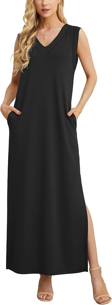 GRECERELLE 2024 Women Summer V-Neck Casual Loose Split Wrinkle-Free Long Maxi Beach Dress with Po... | Amazon (US)