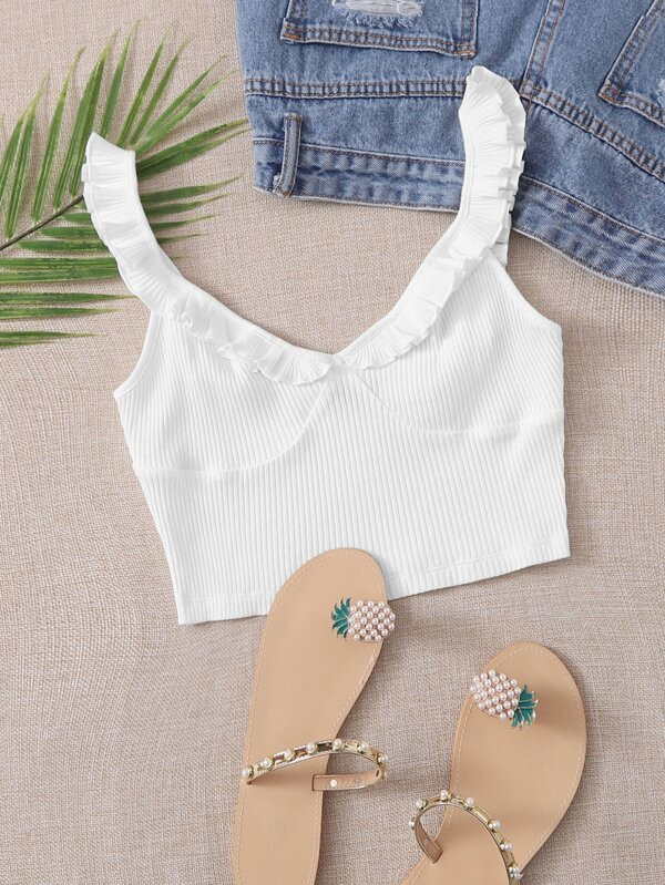 SHEIN Ruffle Trim Rib-knit Crop Top | SHEIN